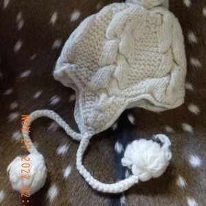 White Warm Hand Knitted and lined Womens winter hat